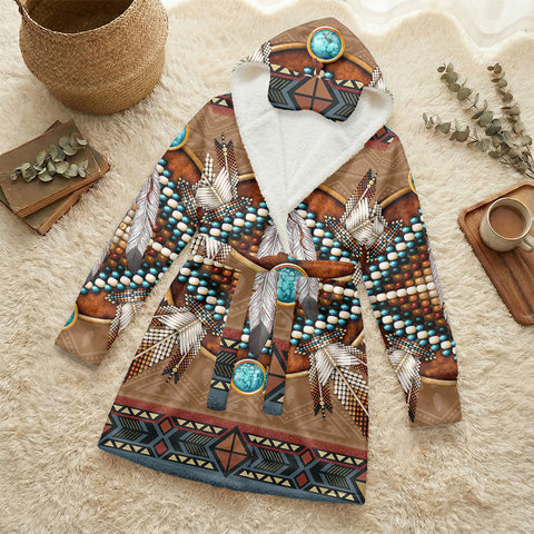 GB-NAT00640 Native American Unisex Flannel Hooded Robe With Eye Mask