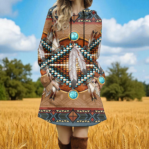 GB-NAT00640 Native American Women Longline Hoodie Dress