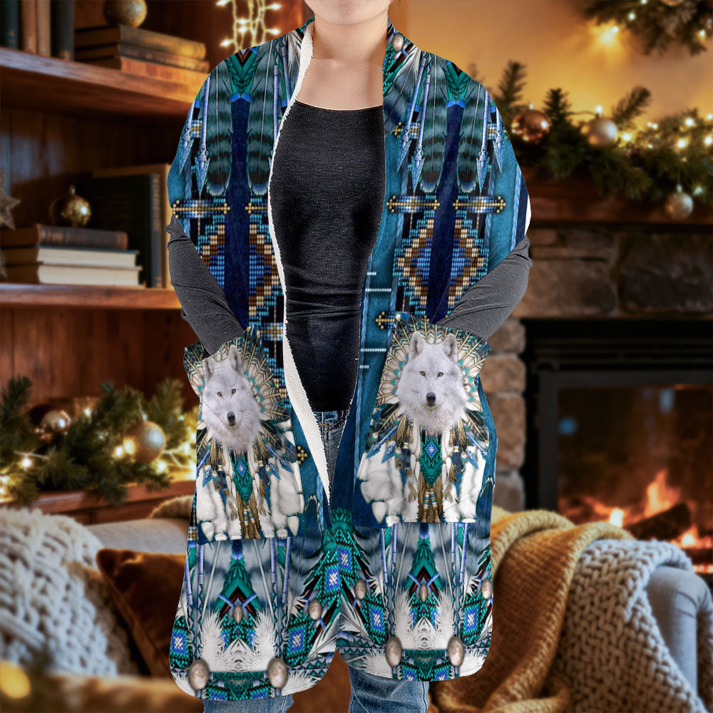 GB-NAT00648 Wolf Mandala Native American Fleece Pocket Scarf