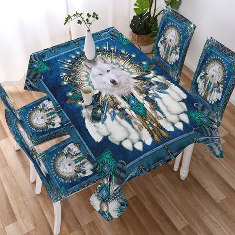 GB-NAT00648 Wolf Native American 5pcs Dining Table Set - Tablecloth