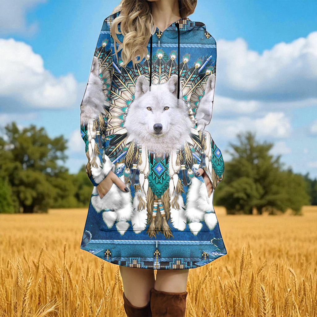 GB-NAT00648 Wolf Native American Women Longline Hoodie Dress