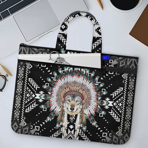 GB-NAT00649 Wolf Native American Canvas Document Bag