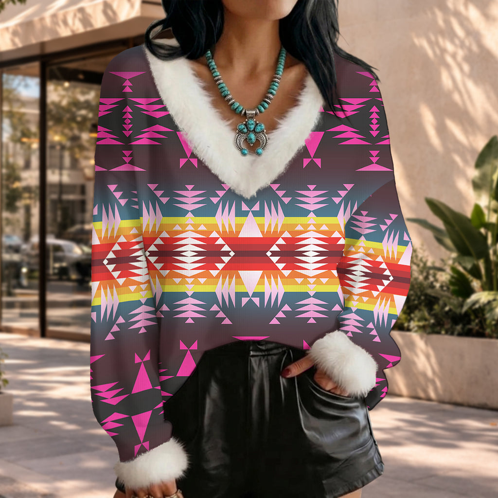 GB-NAT00653 Native American Faux Knit V-Neck Sweater Top with Fur Trim