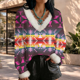 GB-NAT00653 Native American Faux Knit V-Neck Sweater Top with Fur Trim