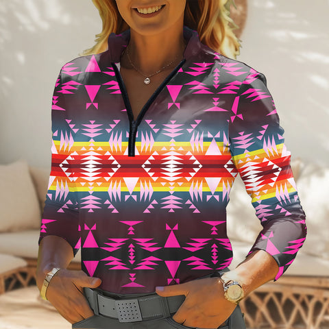 GB-NAT00653 Native American Women Quarter-Zip Long Sleeve Top