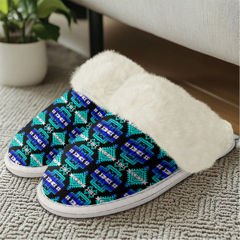 GB-NAT00656-02 Pattern Blue Native American Slippers With Fur Edges