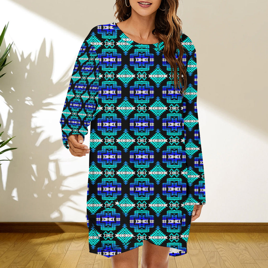 GB-NAT00656-02 Pattern Native American Women Loose Crew Neck Dress