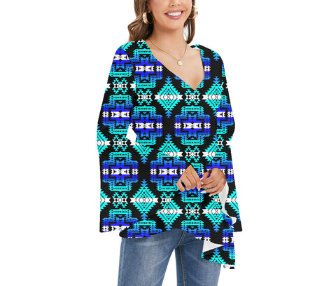 GB-NAT00656-02 Tribe Design Native Women's V-neck Blouse With Flared Sleeves