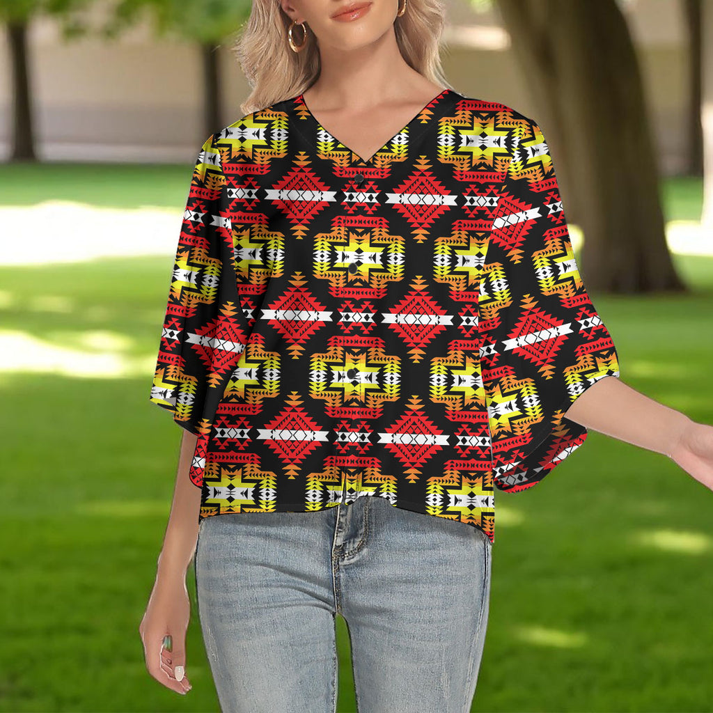 GB-NAT00656 Native American Women V-Neck Batwing Sleeve Button Top
