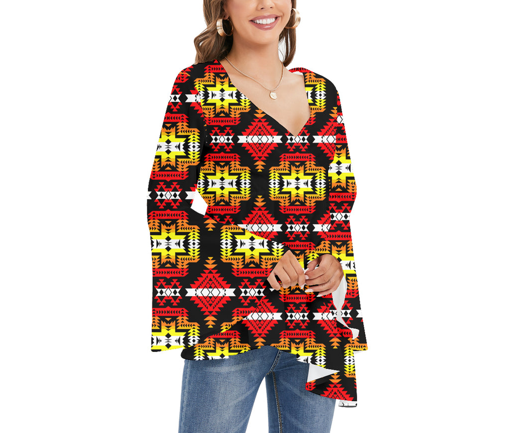 GB-NAT00656 Tribe Design Native Women's V-neck Blouse With Flared Sleeves