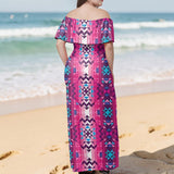 GB-NAT00673 Native American Off Shoulder Ruffle Maxi Dress
