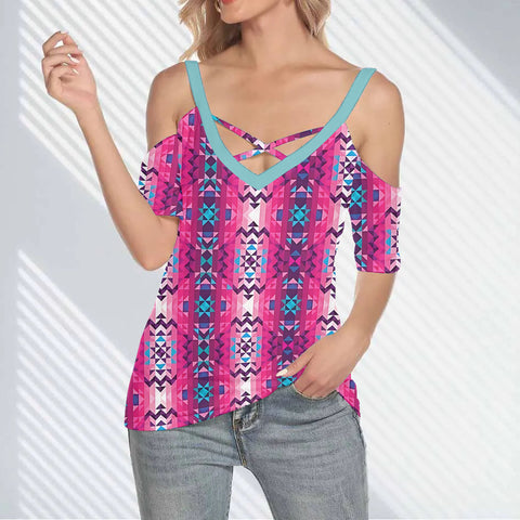 GB-NAT00673 Native American Women Cold Shoulder Criss Cross T-shirt