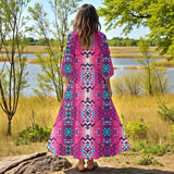 GB-NAT00673 Native American Women Puff Sleeve Maxi Dress
