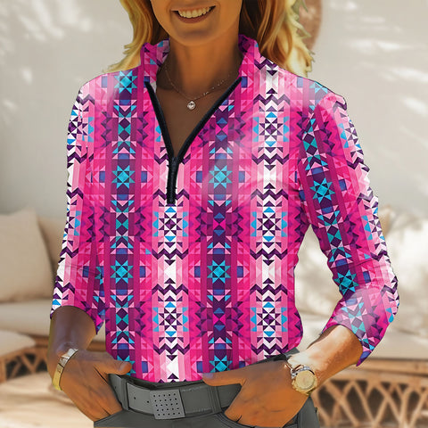 GB-NAT00673 Native American Women Quarter-Zip Long Sleeve Top