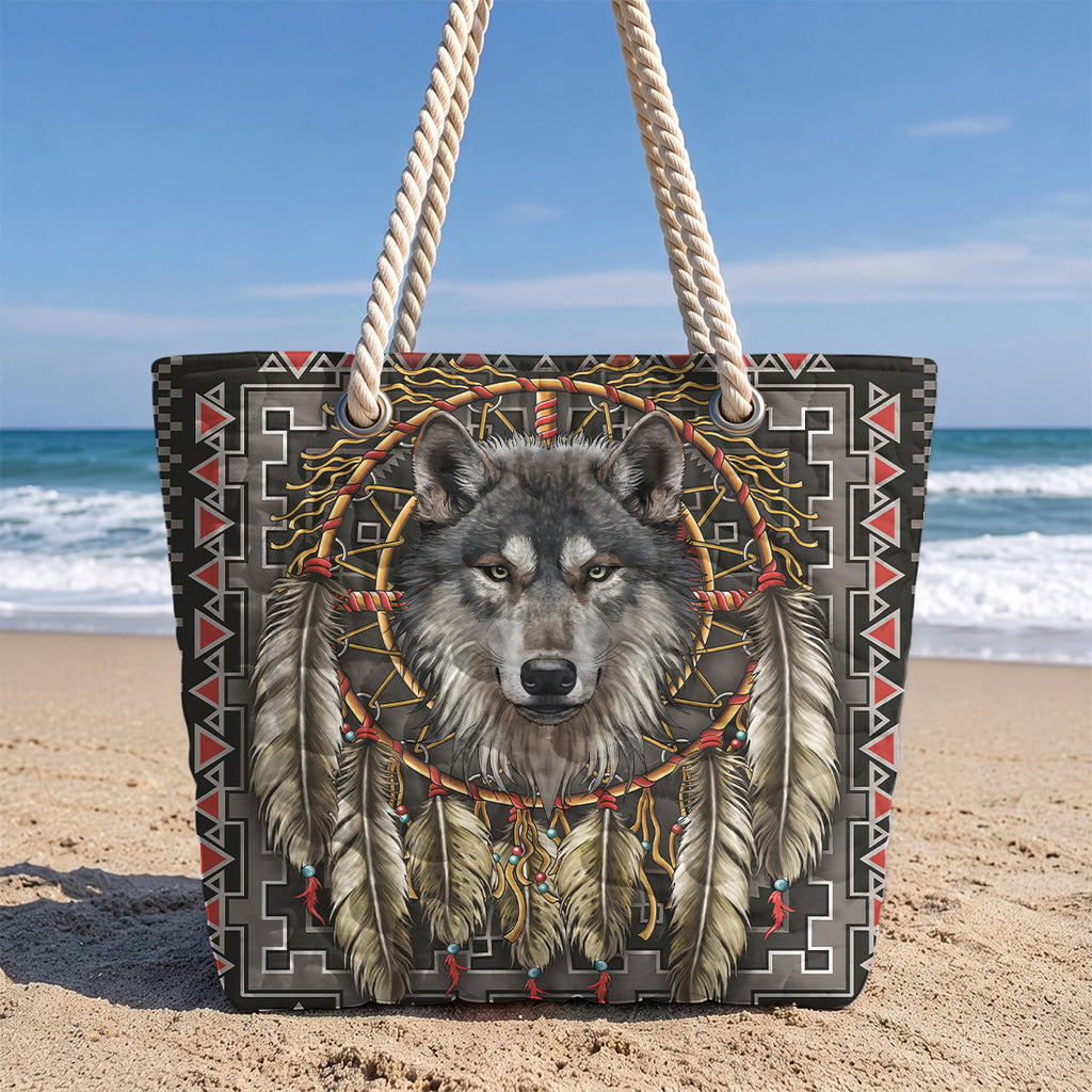 GB-NAT00678 Wolf Feather Native American Quilted Beach Bag