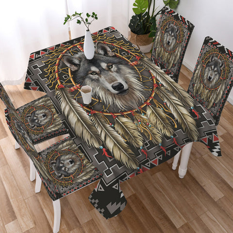GB-NAT00678 Wolf Native American 5pcs Dining Table Set - Tablecloth