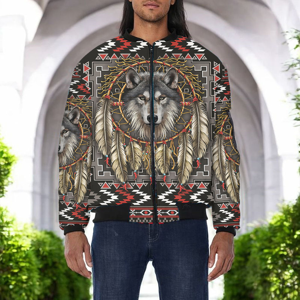 GB-NAT00678 Wolf Native American Bomber Jacket With Sleeve Pocket