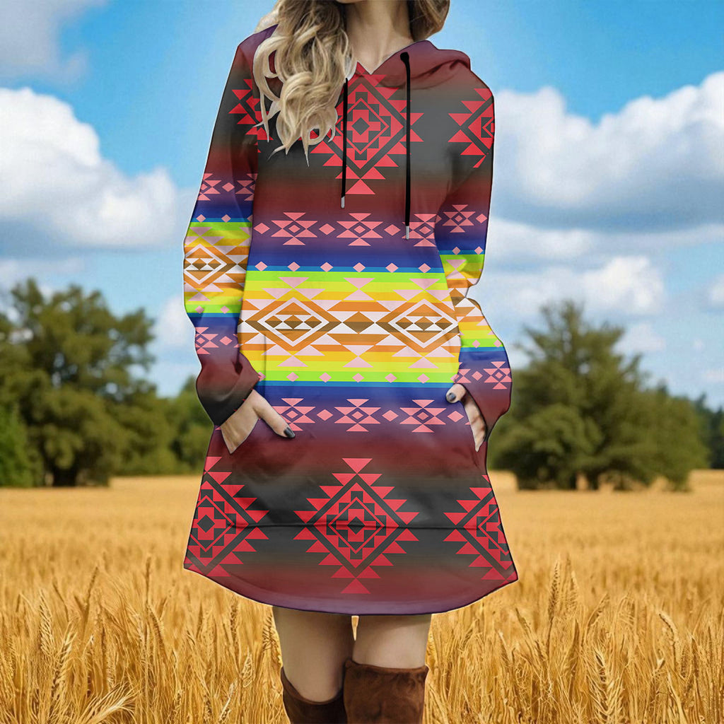 GB-NAT00680-04 Native American Women Longline Hoodie Dress