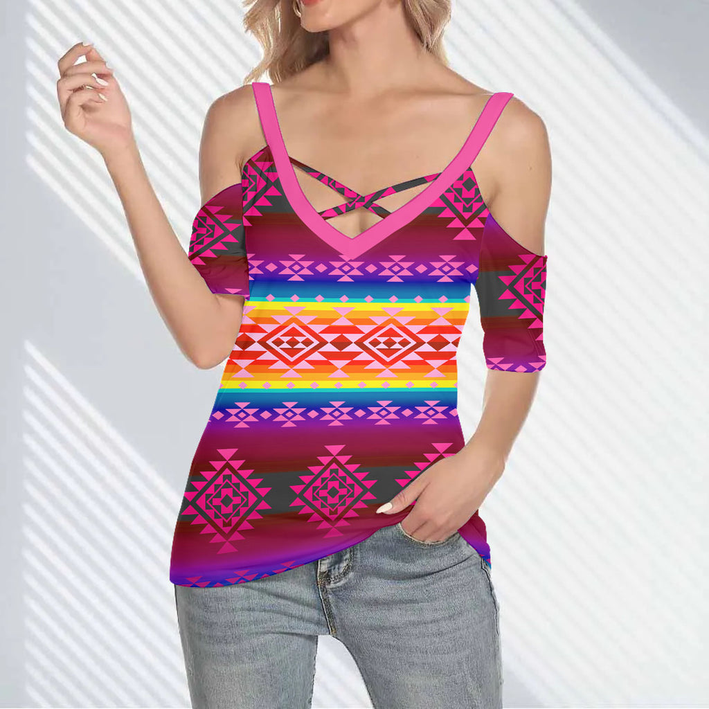 GB-NAT00680-07 Native American Women Cold Shoulder Criss Cross T-shirt