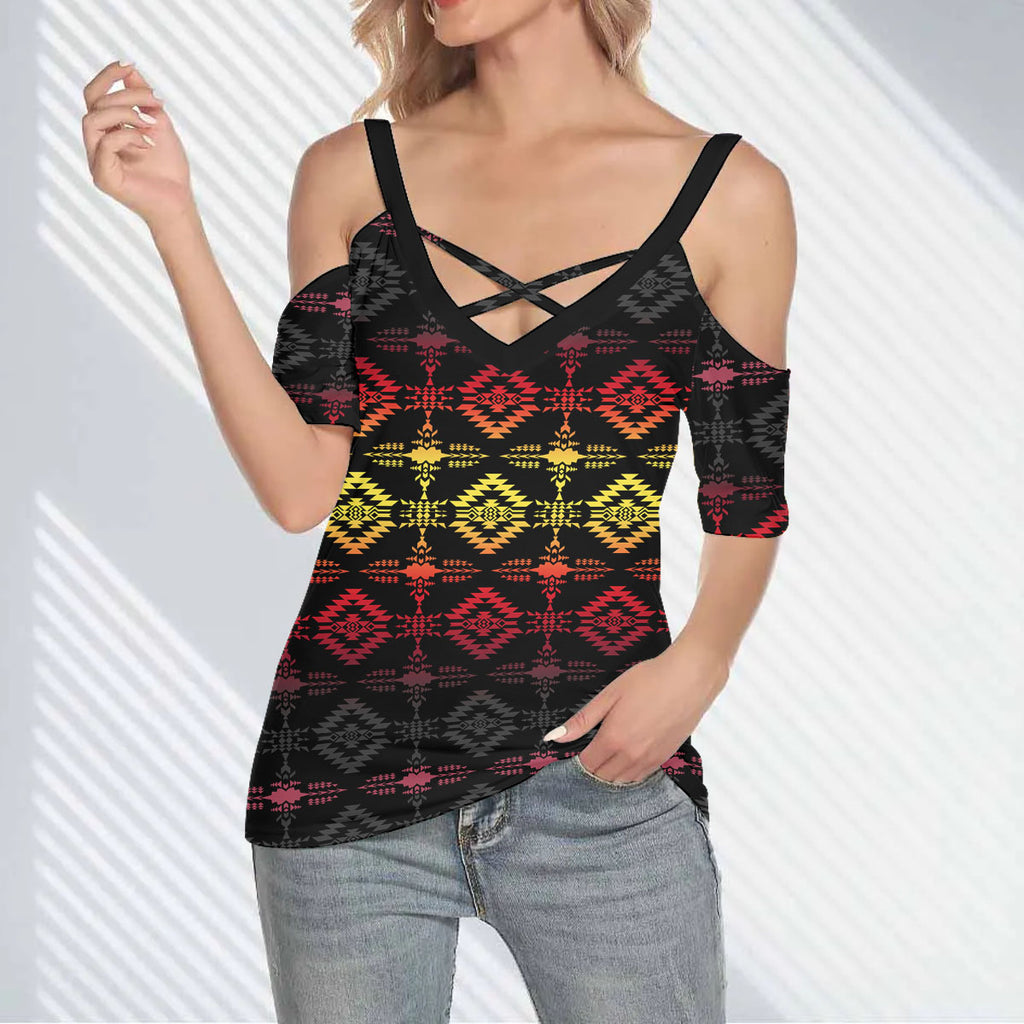 GB-NAT00684B Native American Women Cold Shoulder Criss Cross T-shirt
