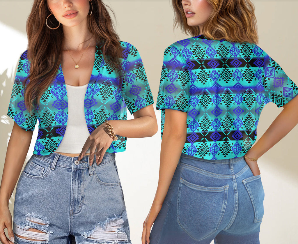 GB-NAT00688 Blue Pattern Native American Women's Short Mini Cardigan