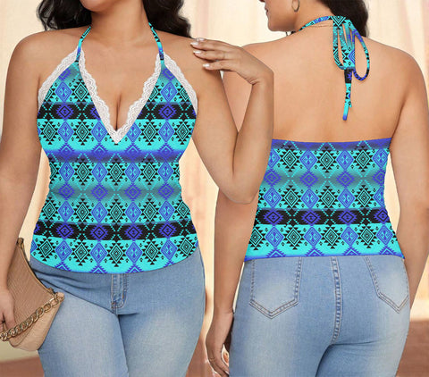 GB-NAT00688 Native American Women Lace-Trimmed Tie-Back Top
