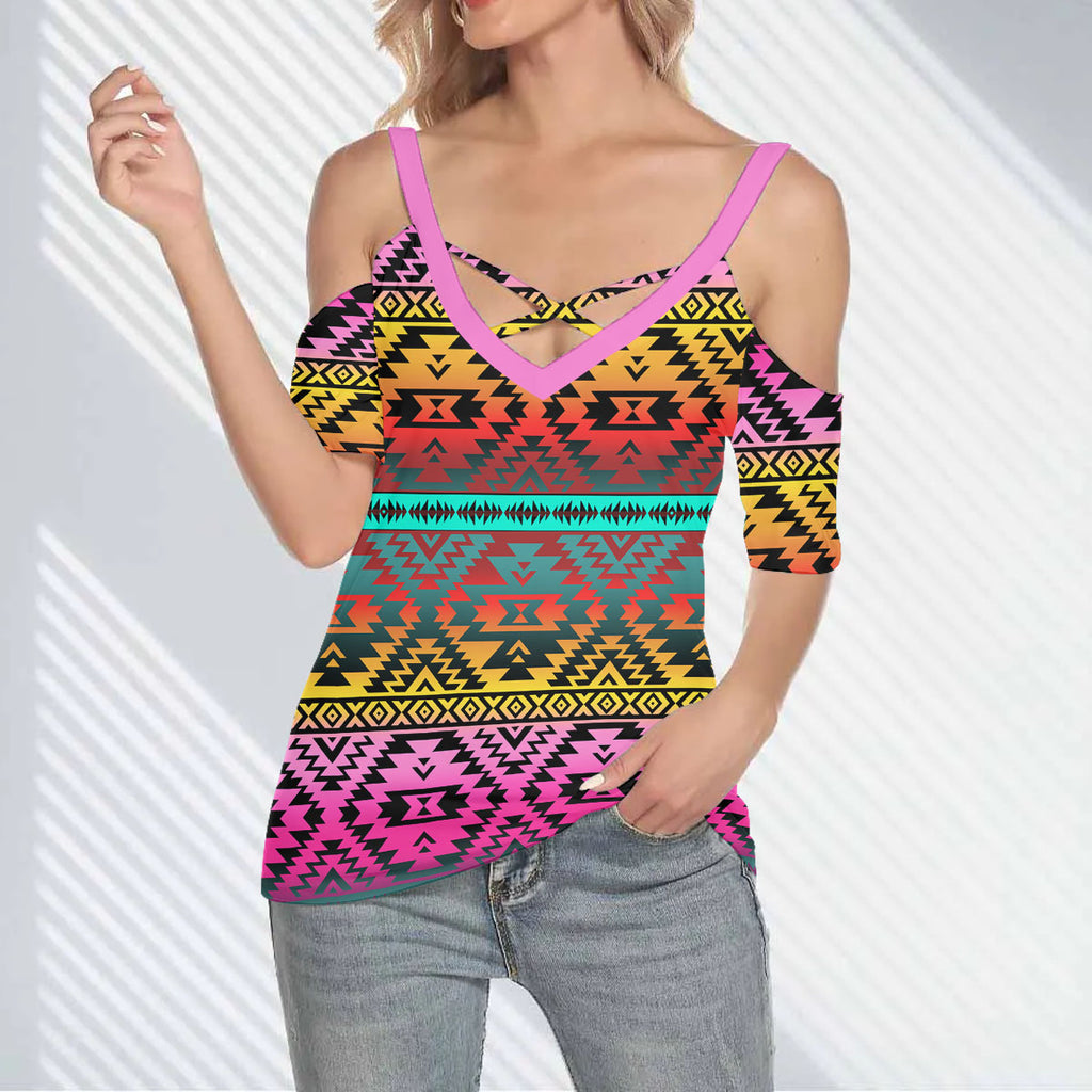 GB-NAT00689 Native American Women Cold Shoulder Criss Cross T-shirt