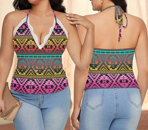 GB-NAT00689 Native American Women Lace-Trimmed Tie-Back Top