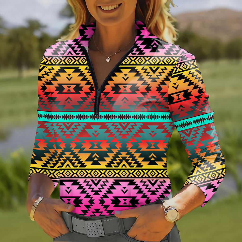 GB-NAT00689 Native American Women Quarter-Zip Long Sleeve Top