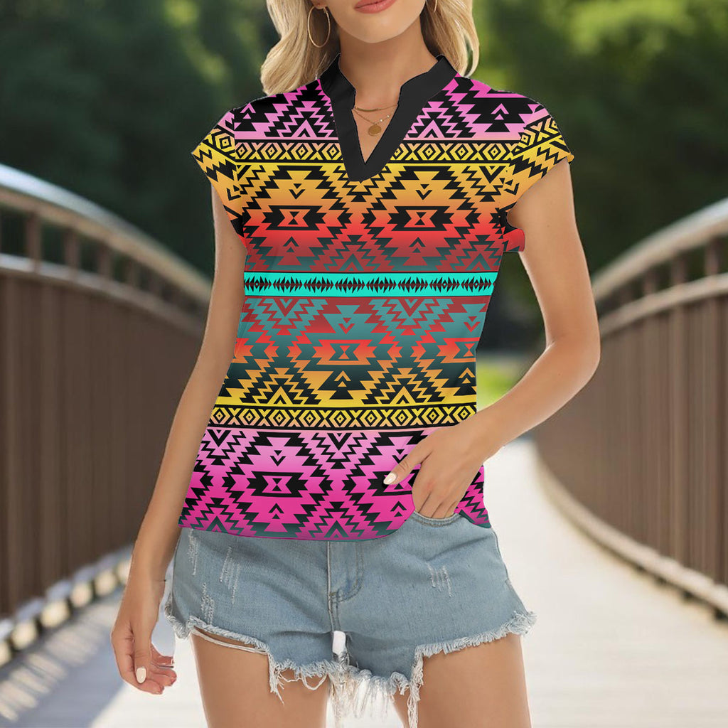 GB-NAT00689 Native American Women Stacked V-neck Short Sleeve Blouse