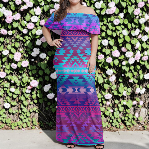GB-NAT00701 Native American Off Shoulder Ruffle Maxi Dress