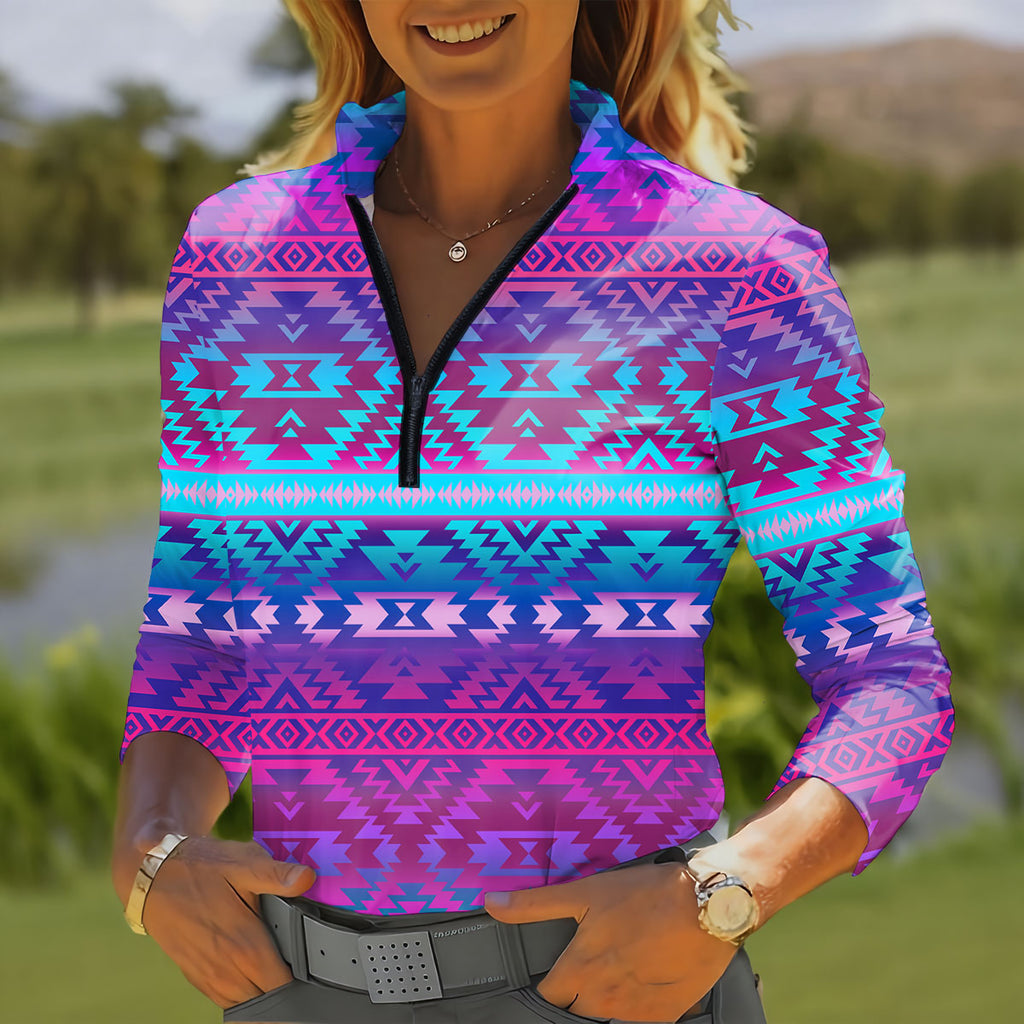 GB-NAT00701 Native American Women Quarter-Zip Long Sleeve Top