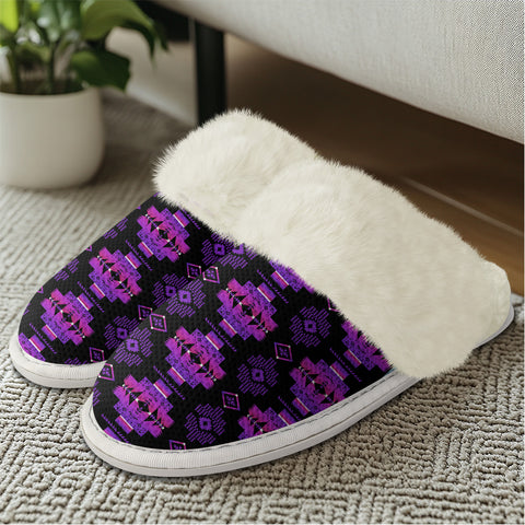 GB-NAT00720 Pattern Purple Native American Slippers With Fur Edges