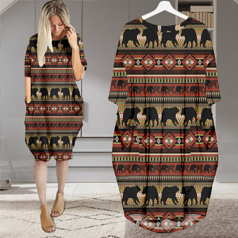 GB-NAT00727 Bear Native American Batwing Pocket Dress