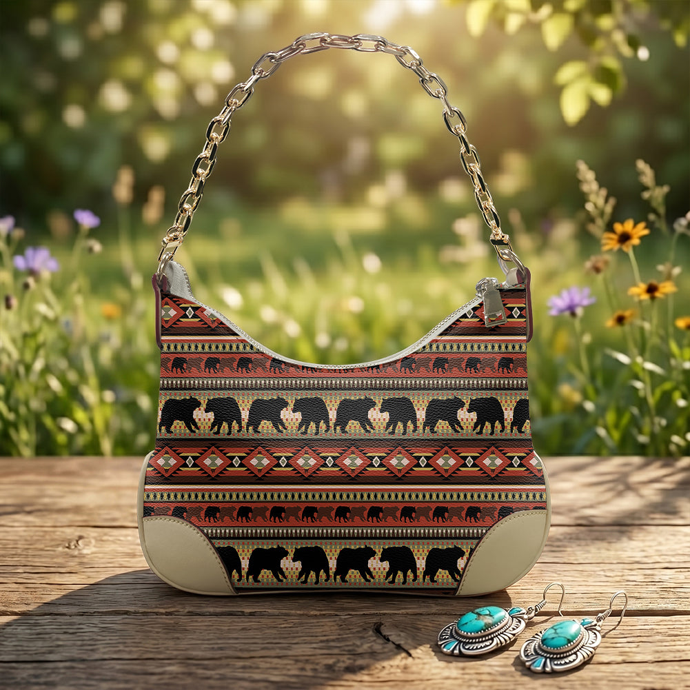 GB-NAT00727 Bear Native American PU Leather Chain Shoulder Bag