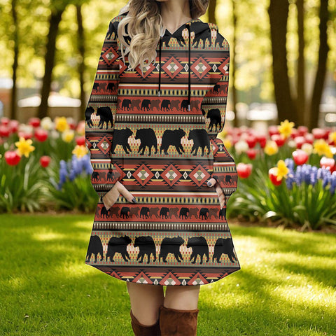 GB-NAT00727 Bear Native American Women Longline Hoodie Dress