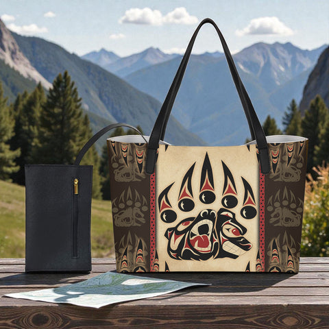 GB-NAT00733 Bear Native American Shopping Tote Bag With Black Mini Purse