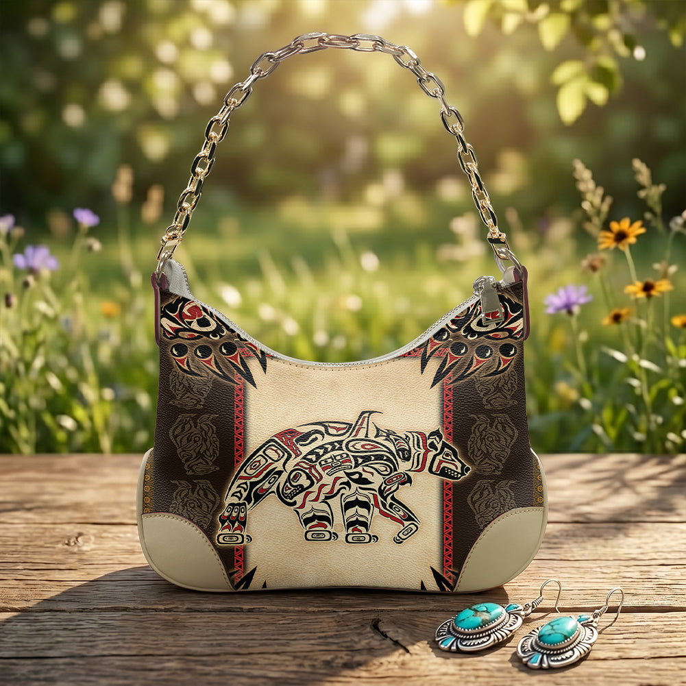 GB-NAT00735 Bear Native American PU Leather Chain Shoulder Bag