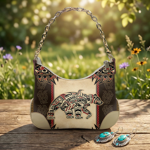 GB-NAT00735 Bear Native American PU Leather Chain Shoulder Bag