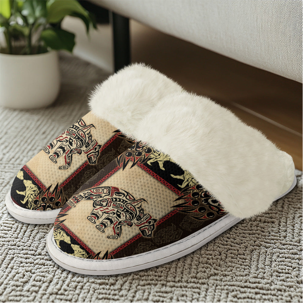 GB-NAT00735 Symbol Bear Native American Slippers With Fur Edges