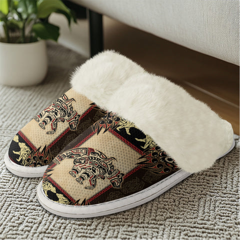 GB-NAT00735 Symbol Bear Native American Slippers With Fur Edges