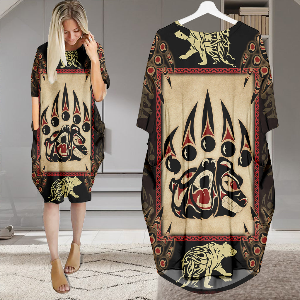 GB-NAT00742 Bear Native American Batwing Pocket Dress