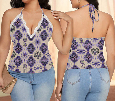 GB-NAT00744-02 Native American Women Lace-Trimmed Tie-Back Top