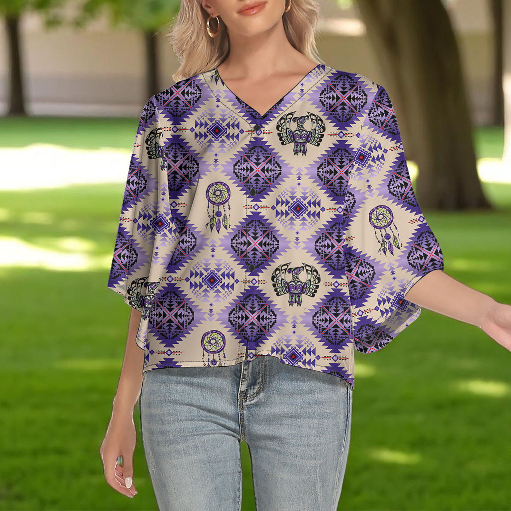 GB-NAT00744-02 Native American Women V-Neck Batwing Sleeve Button Top
