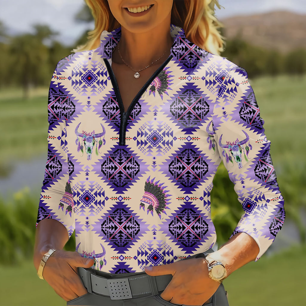 GB-NAT00744-05 Native American Women Quarter-Zip Long Sleeve Top