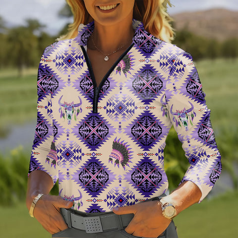 GB-NAT00744-05 Native American Women Quarter-Zip Long Sleeve Top