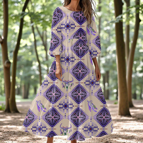 GB-NAT00744-06 Native American Women Puff Sleeve Maxi Dress