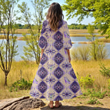 GB-NAT00744-06 Native American Women Puff Sleeve Maxi Dress