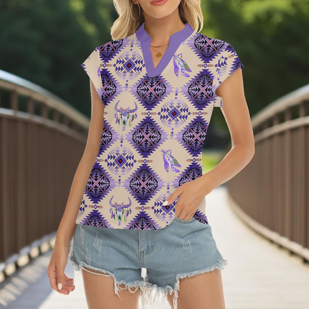 GB-NAT00744-06 Native American Women Stacked V-neck Short Sleeve Blouse