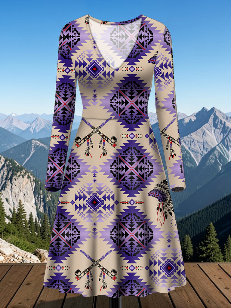 GB-NAT00744 Native American V-Neck Long Sleeve Dress